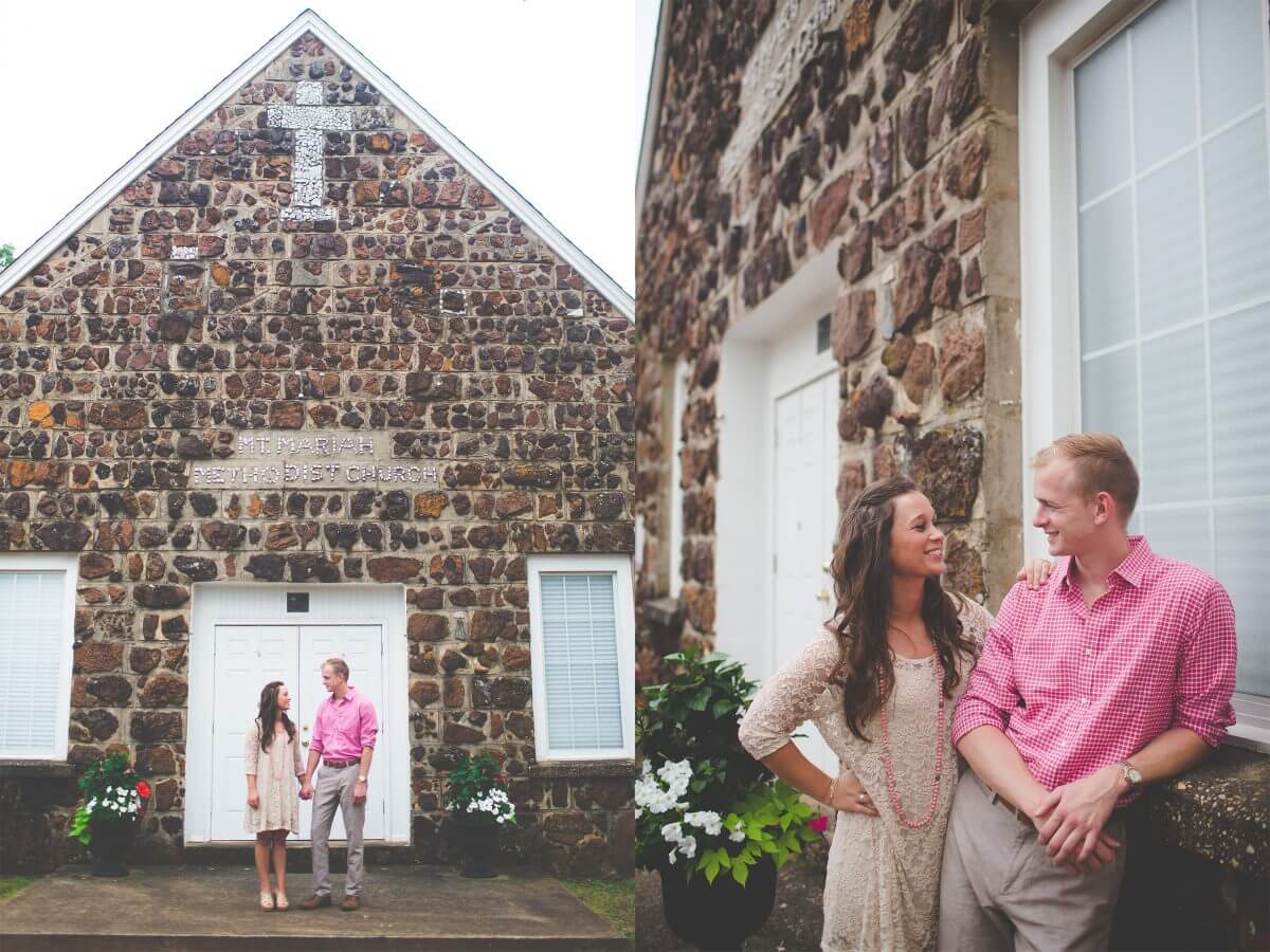 collage of engaged couple holding hands and posing before a small brown stone church