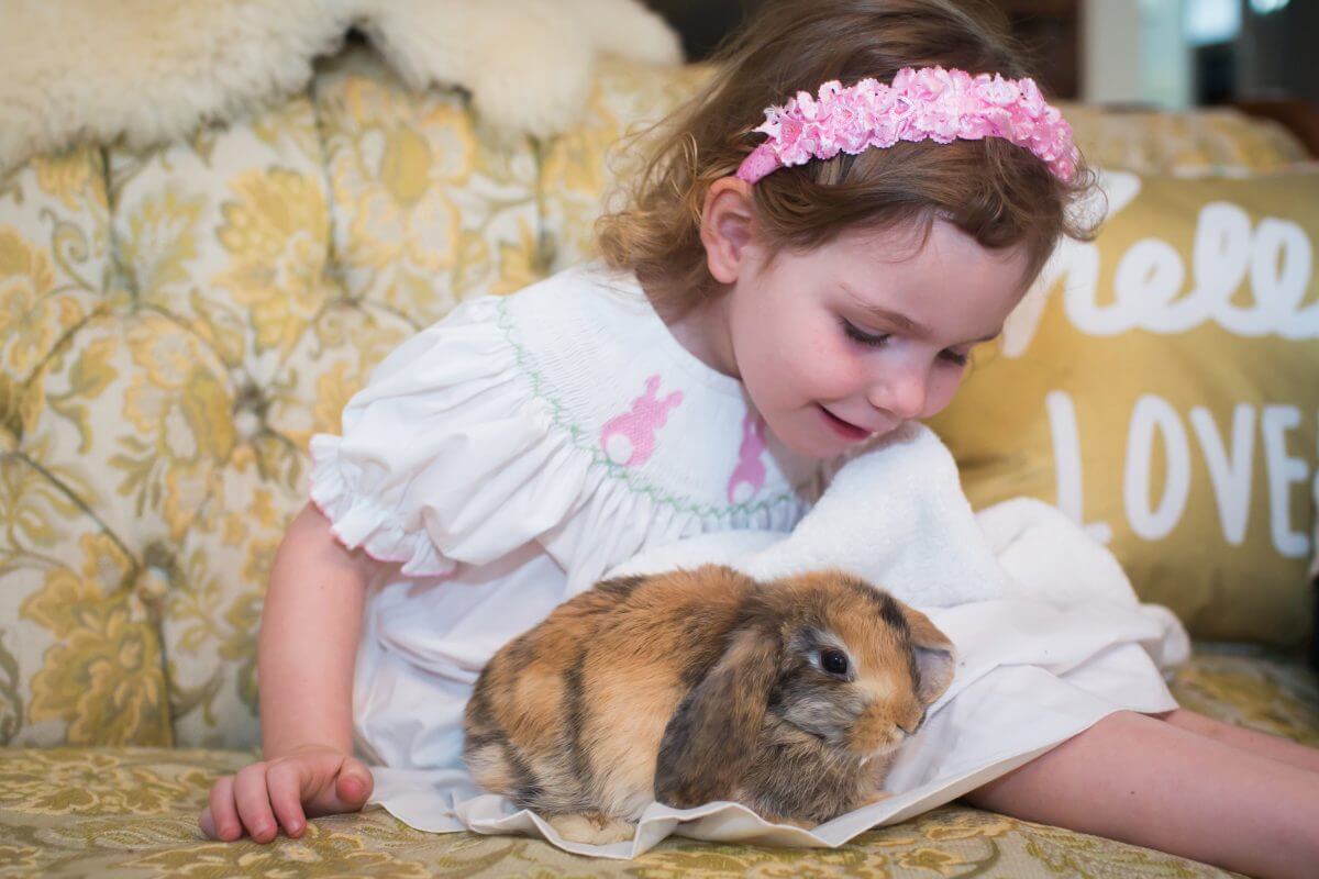 Young girl in white dress with pink ribbon in hair plays with tan rabbit on vintage couch