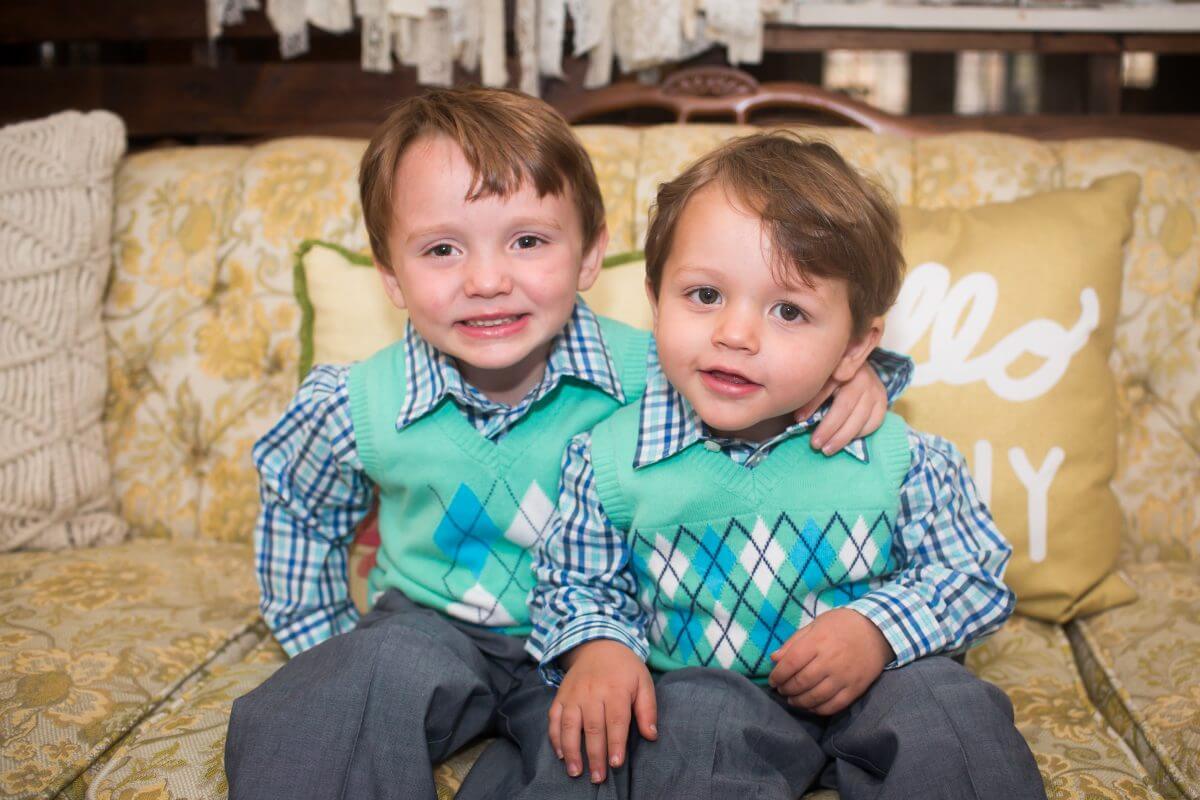 young children brothers in matching teal argyle sweaters for Easter Sessions