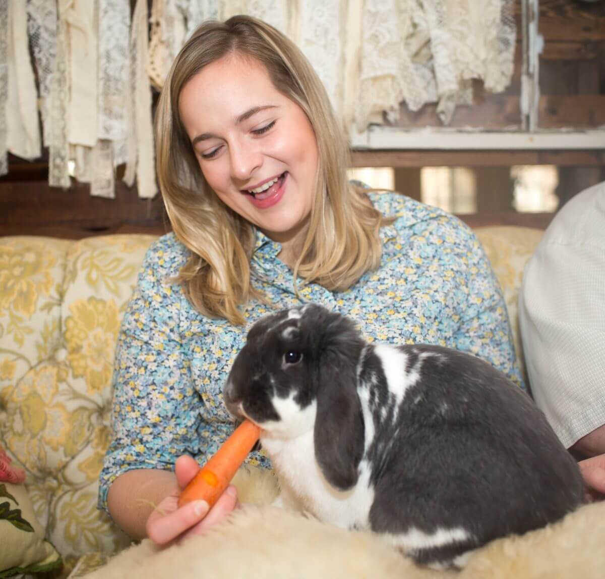 Blonde woman in blue shirt feeds black and white rabbit a carrot