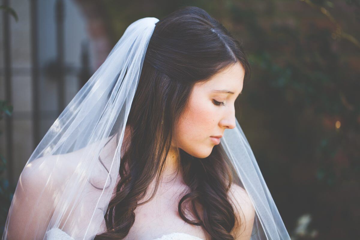 Bride in profile wearing veil with eyes closed