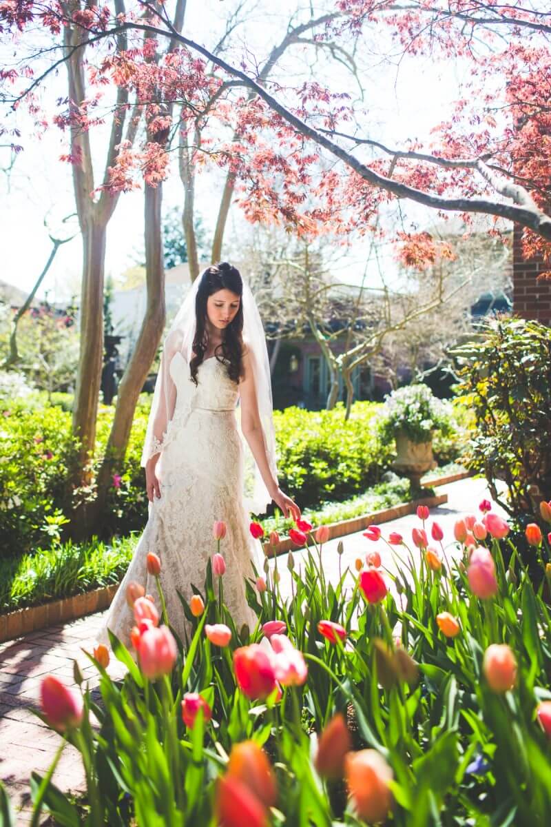 Bride walking by tulips in wedding dress