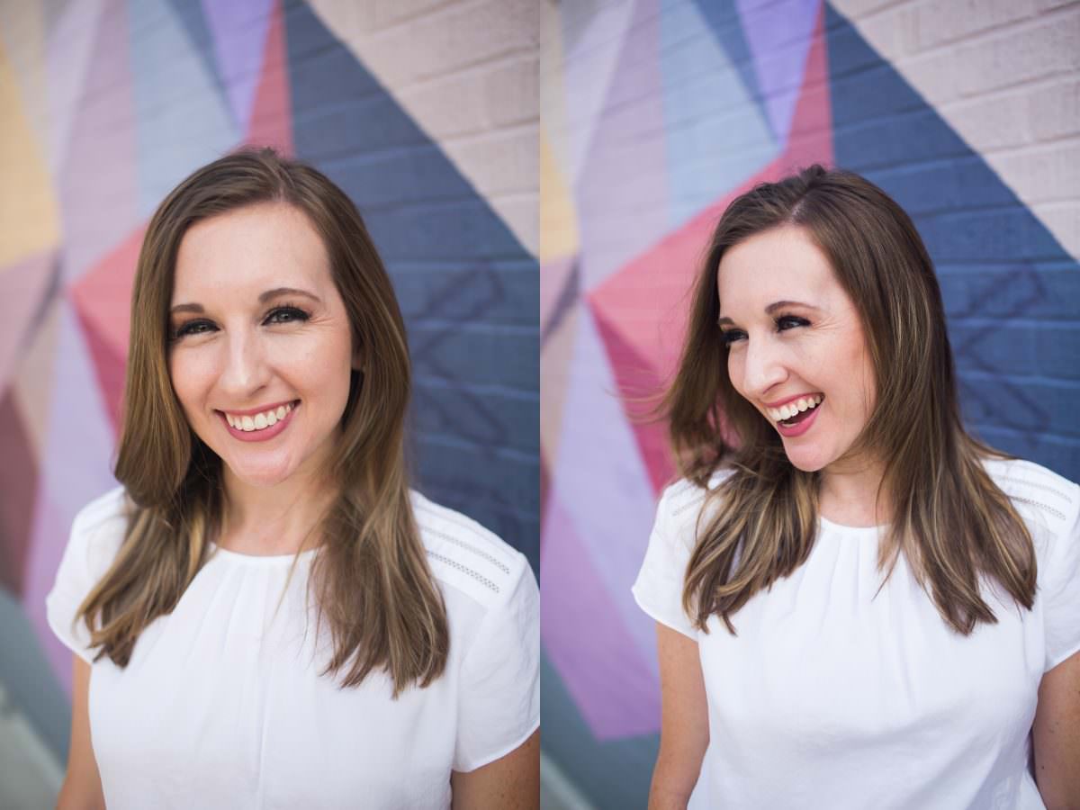 woman with long brunette hair smiling and laughing for head shot session