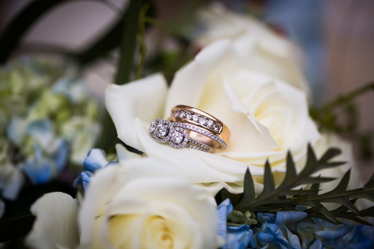 bride and groom wedding bands resting on white roses